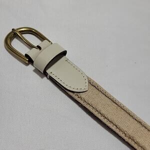 New LUCKY BRAND Beige Leather Belt Braided Edges Skinny Brass Buckle XL Canvas